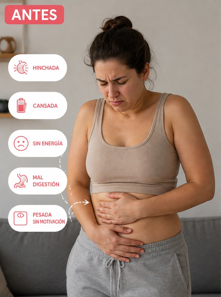 Persona sintiéndose hinchada y con malestar después de comer